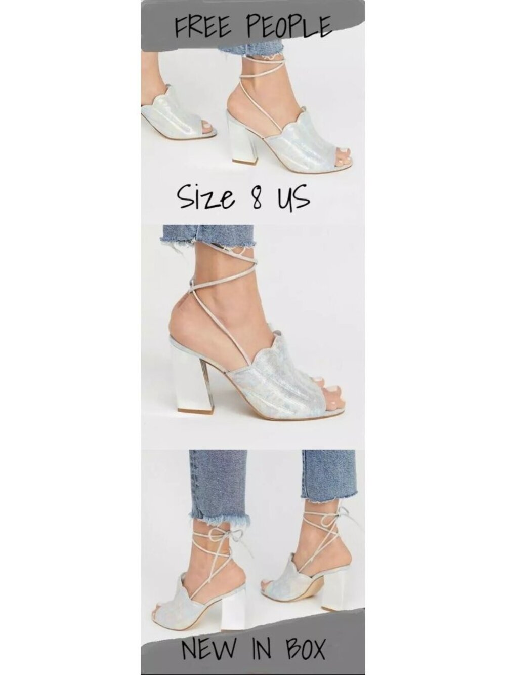 Free People Metallic Silver Open Toe Heels - Size 8 US, New in Box